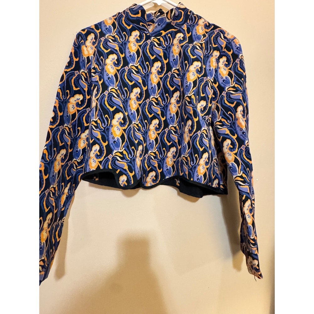 Zara Jacquard Cropped Top Womens Large Blue Orange Psychedelic Paisley Mock Neck